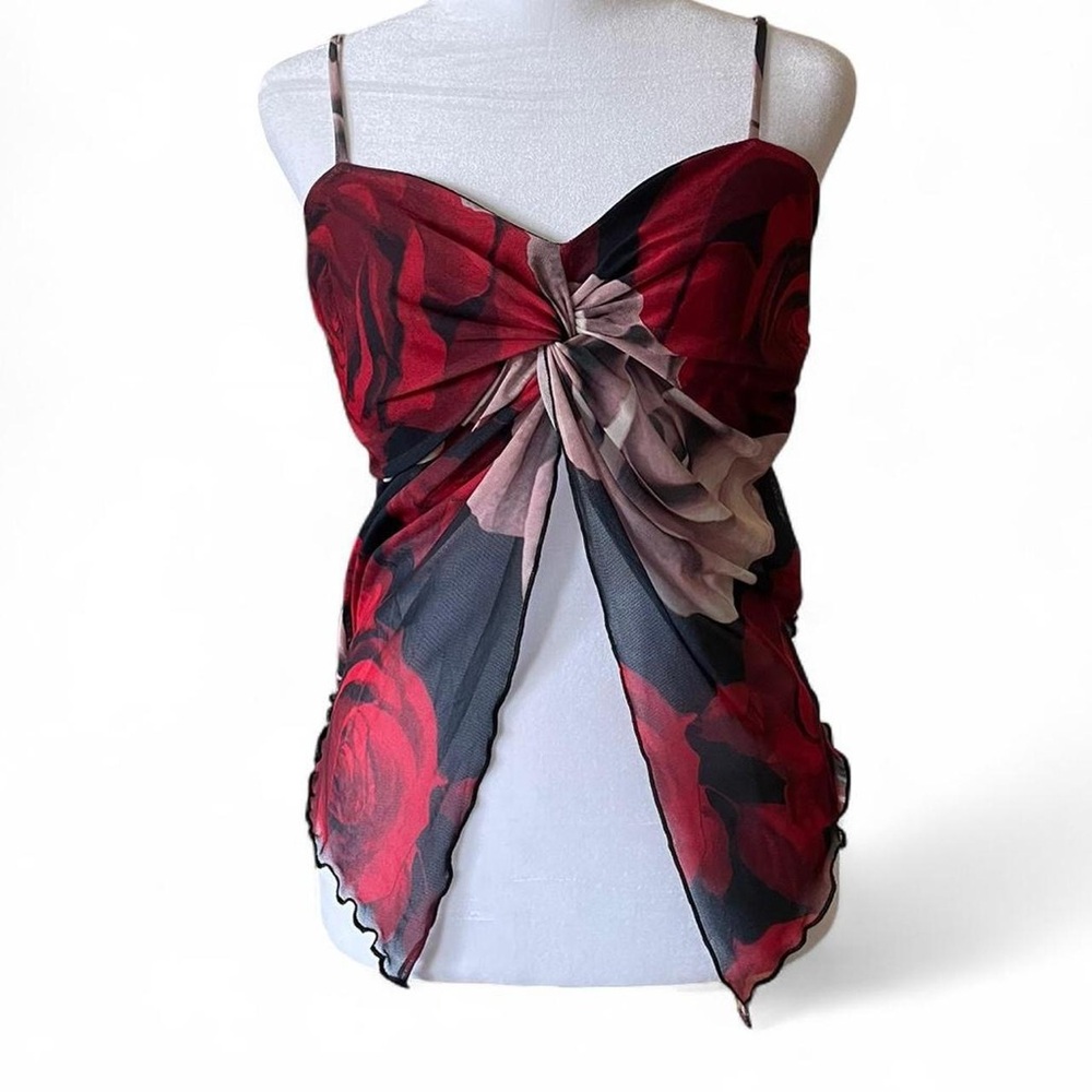Zenobia Y2K Red and Black Floral Mesh Top
